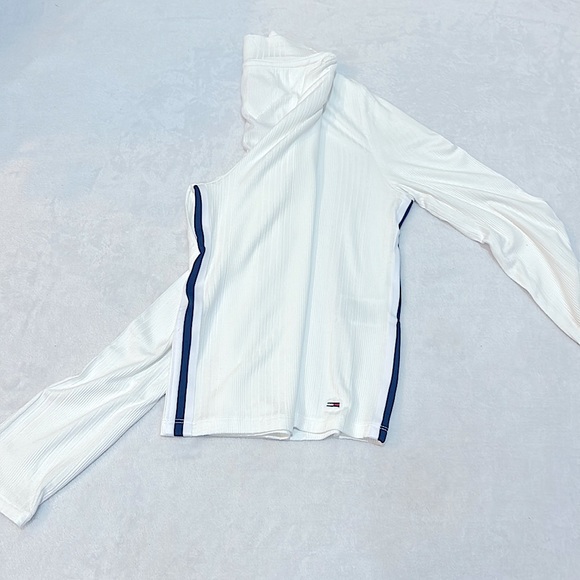 Tommy Jeans Women's Side-Striped Quarter-Zip Mock-Neck Top White/Blue Size M New - Picture 5 of 6